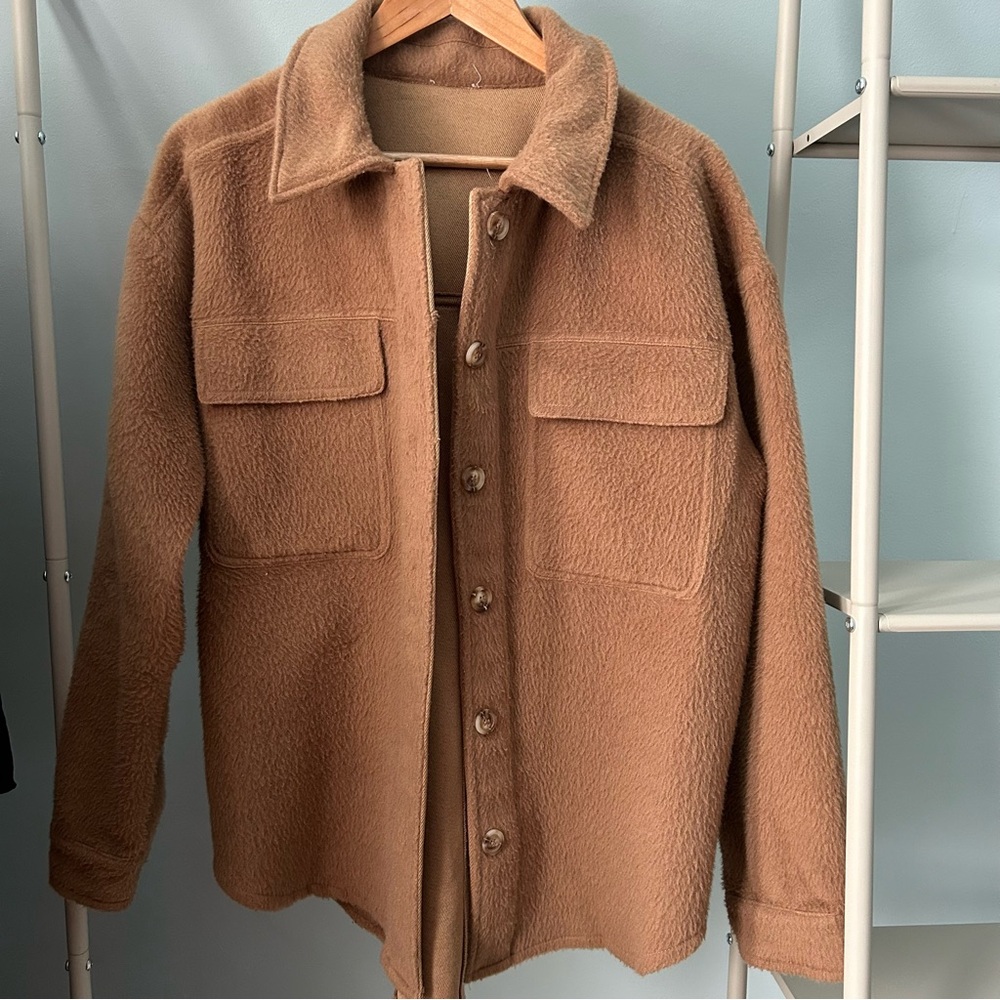 PacSun LA Hearts Oversized Brown Fuzzy Shacket Tan Shirt Teddy Jacket